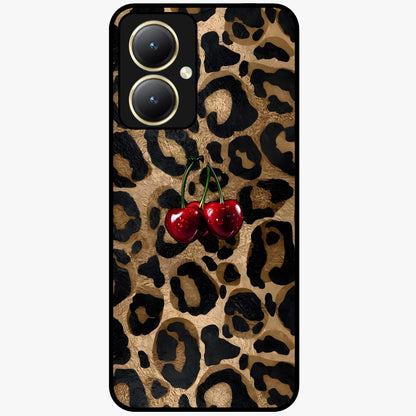 Leopard Wild Cherry Glass Case showing flat back view with leopard pattern and cherry artwork and glossy glass finish.