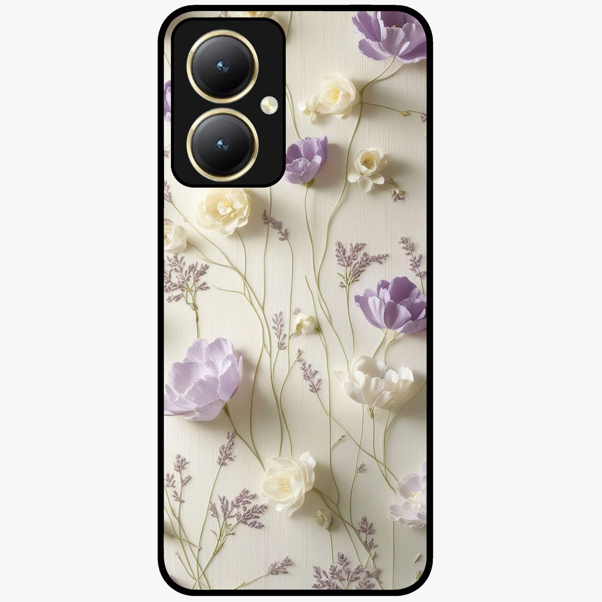 Lilac Breeze Harmony Glass Case showing flat back view with soft lilac themed artwork and glossy glass finish.