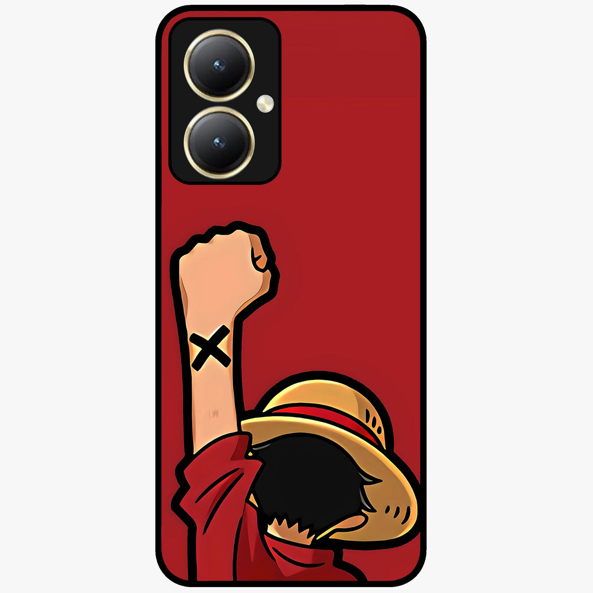 Luffy X Spirit Glass Case showing flat back view with bold anime character artwork and glossy glass finish.