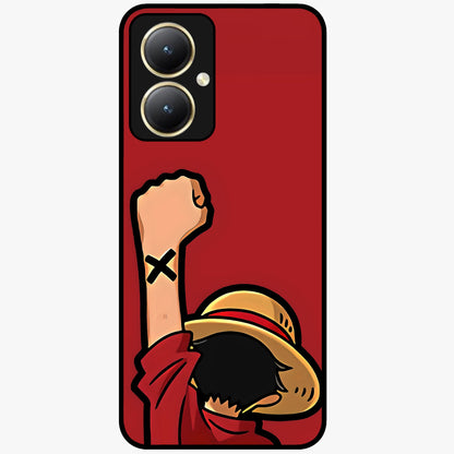 Luffy X Spirit Glass Case showing flat back view with bold anime character artwork and glossy glass finish.