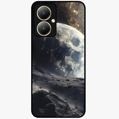 Lunar Horizon Glow Glass Case showing flat back view with glowing moon horizon artwork and glossy glass finish.