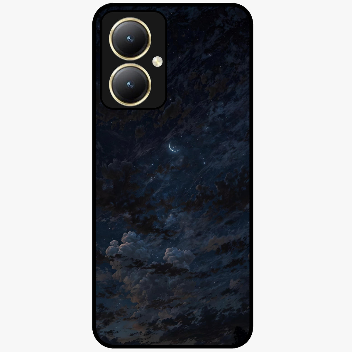 Lunar Veil Silence Glass Case showing flat back view with mystical moon veil artwork and glossy glass finish.