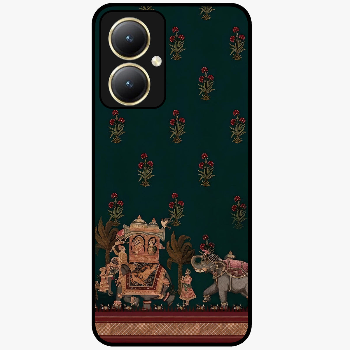 Macmerise Glass Case showing flat back view with stylish modern artwork and glossy glass finish.