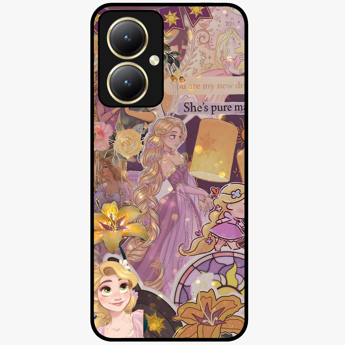 Magical Tangled Dream Glass Case showing flat back view with dreamy tangled artwork and glossy glass finish.