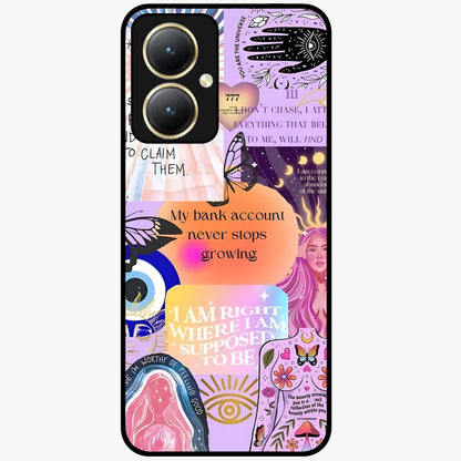 Manifestation Collage Glass Case showing flat back view with motivational collage artwork and glossy glass finish.