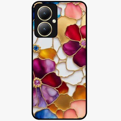 Marble Flower Pattern Glass Case showing flat back view with marble texture floral artwork and glossy glass finish.