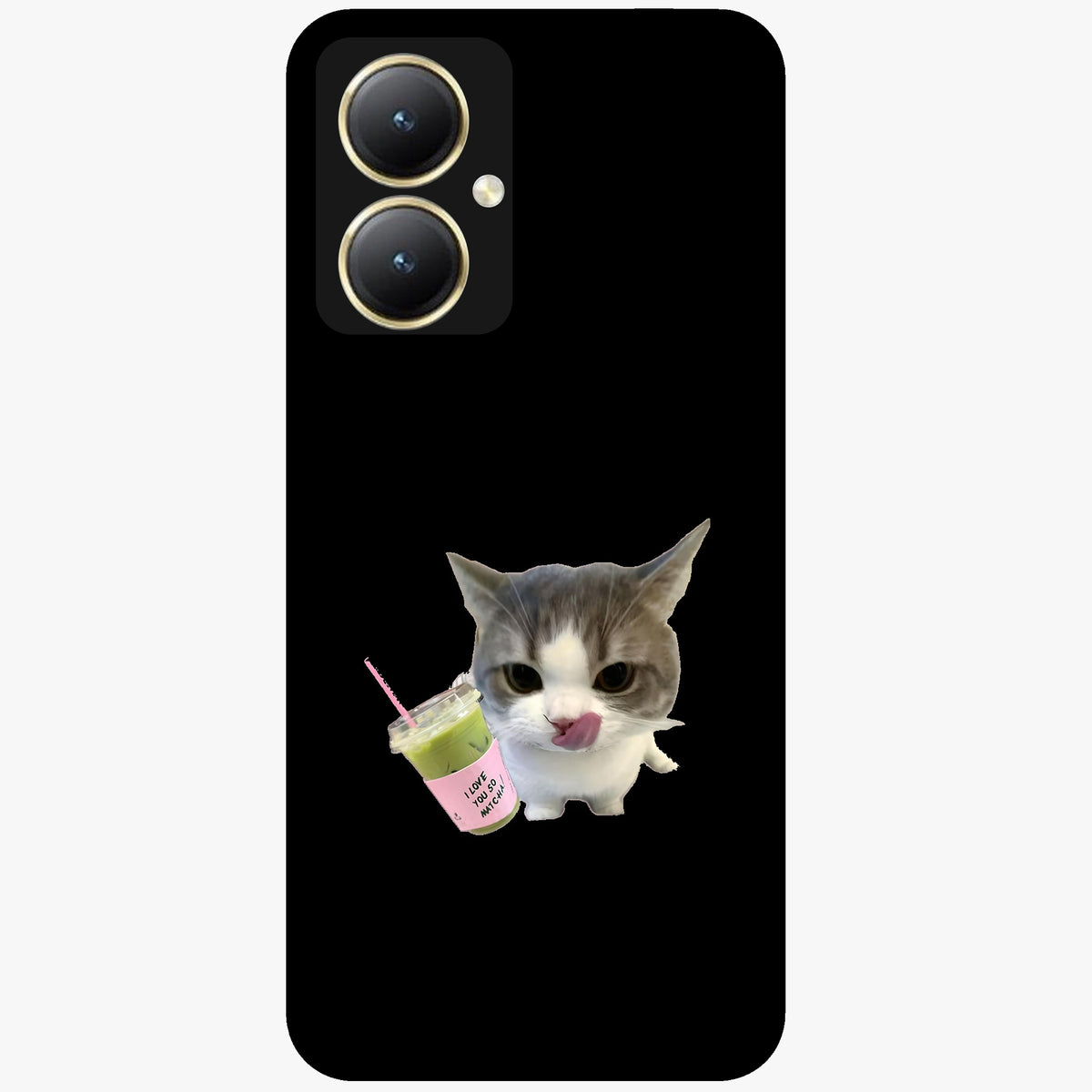 Matcha Cat Style Glass Case showing flat back view with cute matcha themed cat artwork and glossy glass finish.
