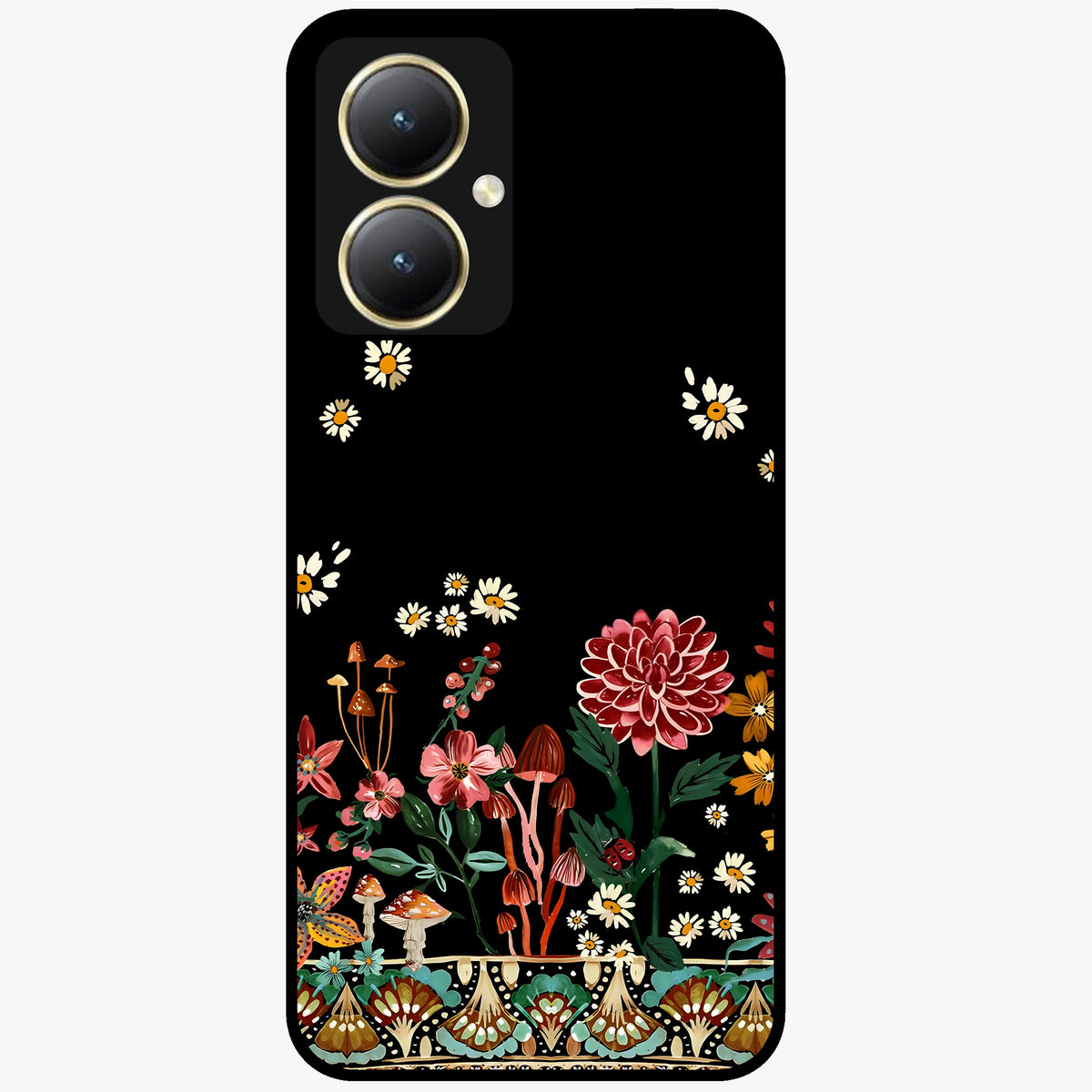 Midnight Bloom Pattern Glass Case showing flat back view with dark floral pattern artwork and glossy glass finish.