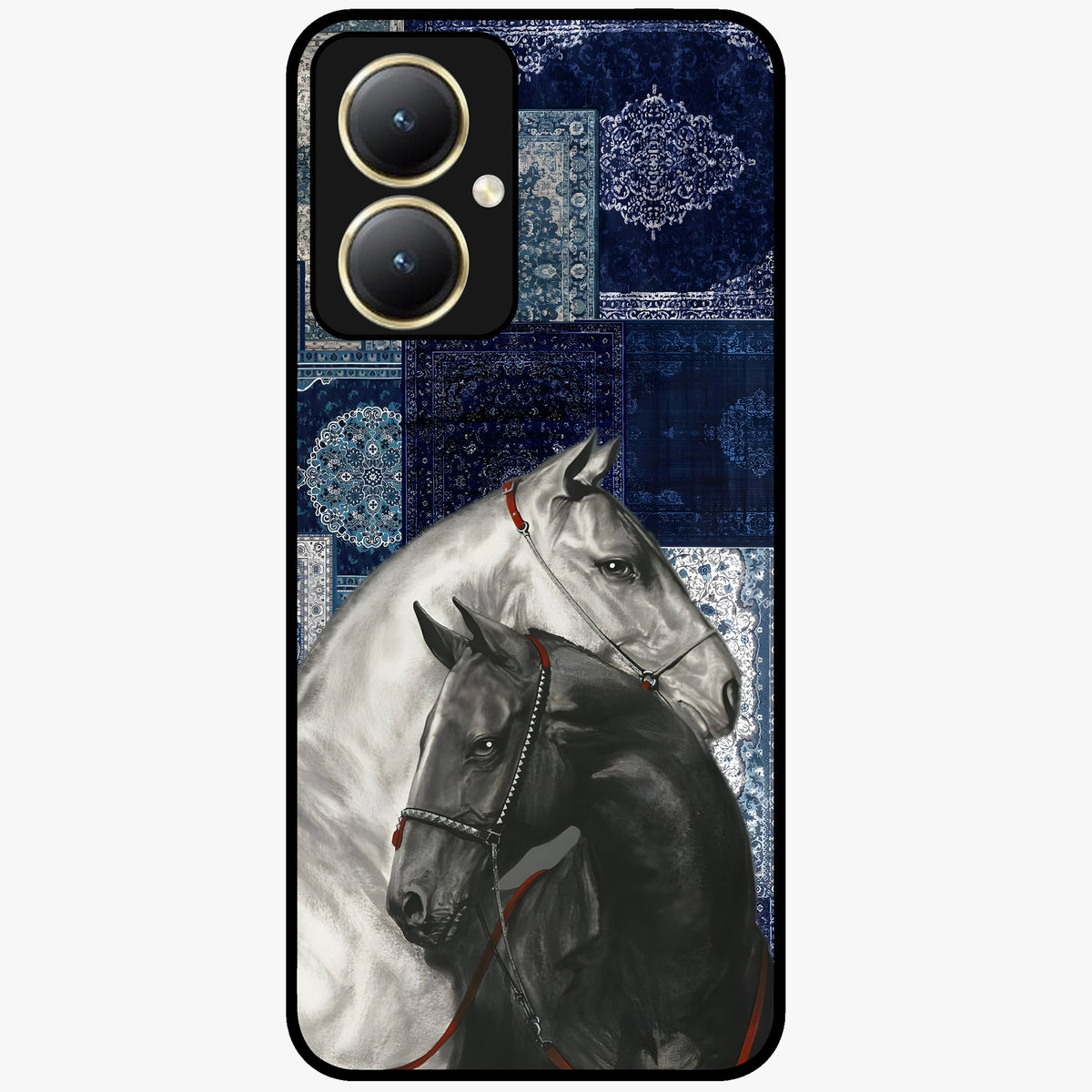 Midnight Stallion Blues Glass Case showing flat back view with majestic horse artwork and glossy glass finish.