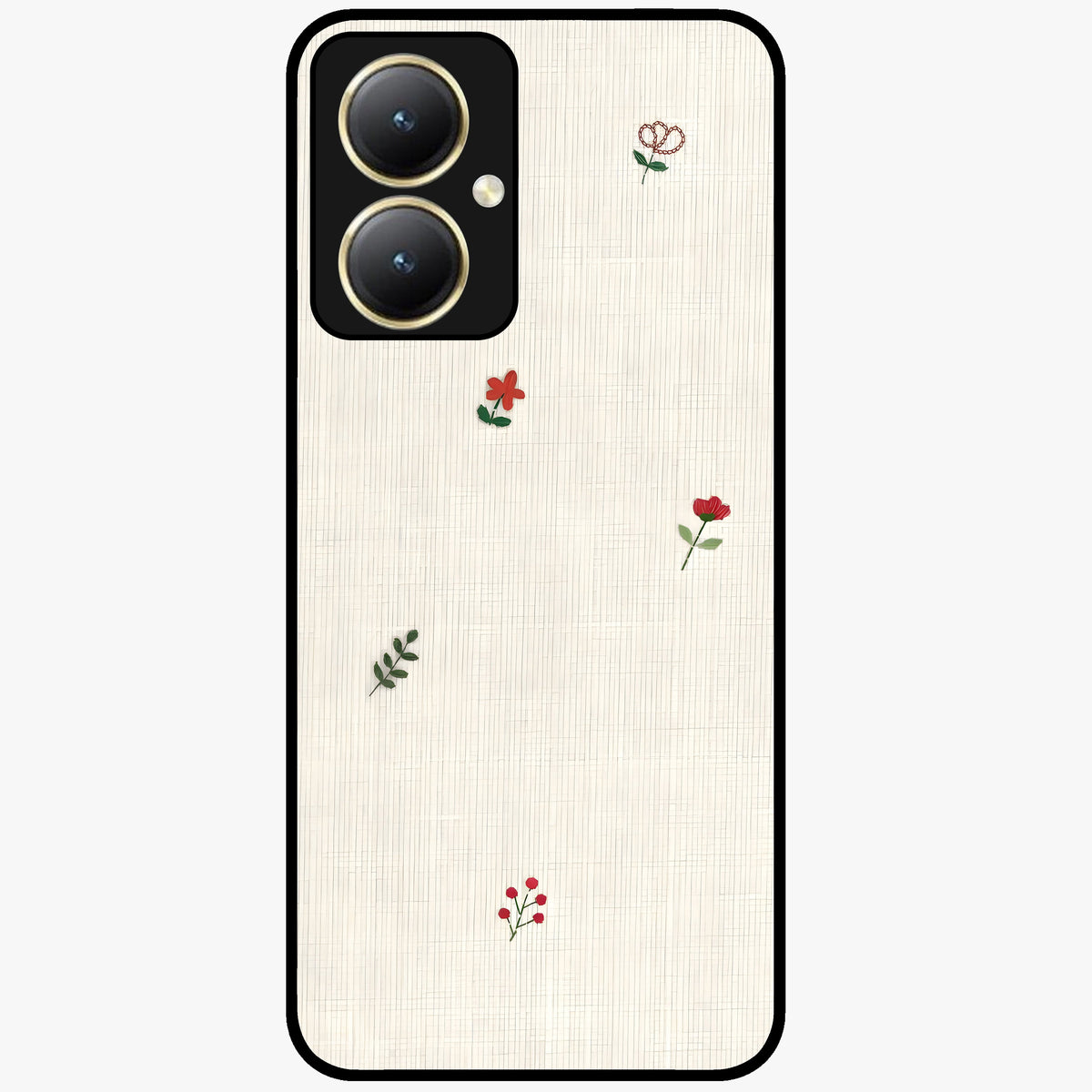 Minimal Petal Whispers Glass Case showing flat back view with soft minimal floral artwork and glossy glass finish.