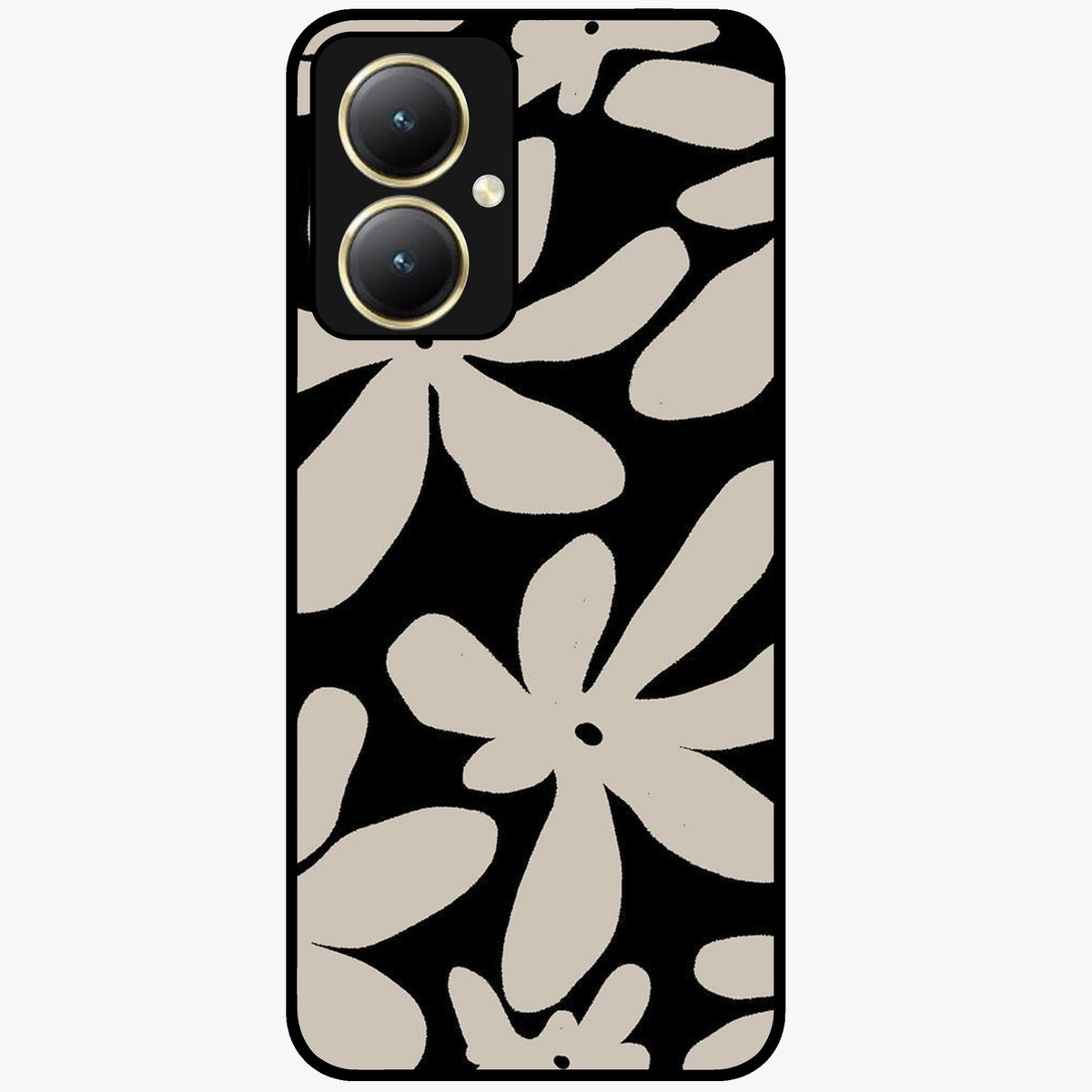 Monochrome Petal Dance Glass Case showing flat back view with monochrome floral artwork and glossy glass finish.