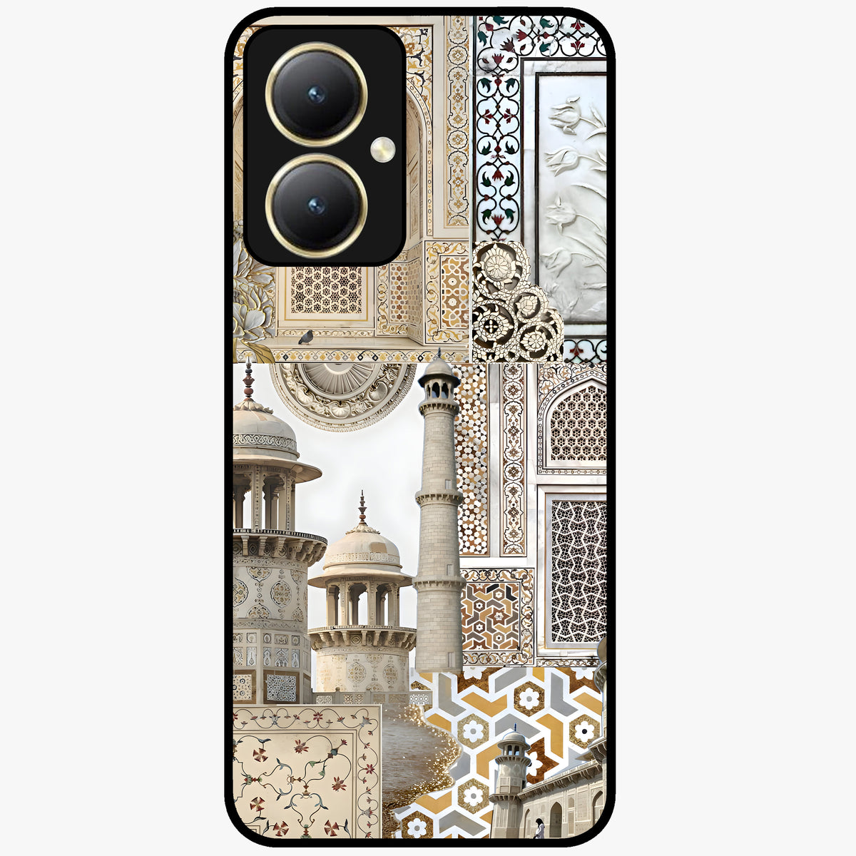 Mughal Marble Legacy Glass Case showing flat back view with intricate Mughal inspired marble pattern and glossy glass finish.
