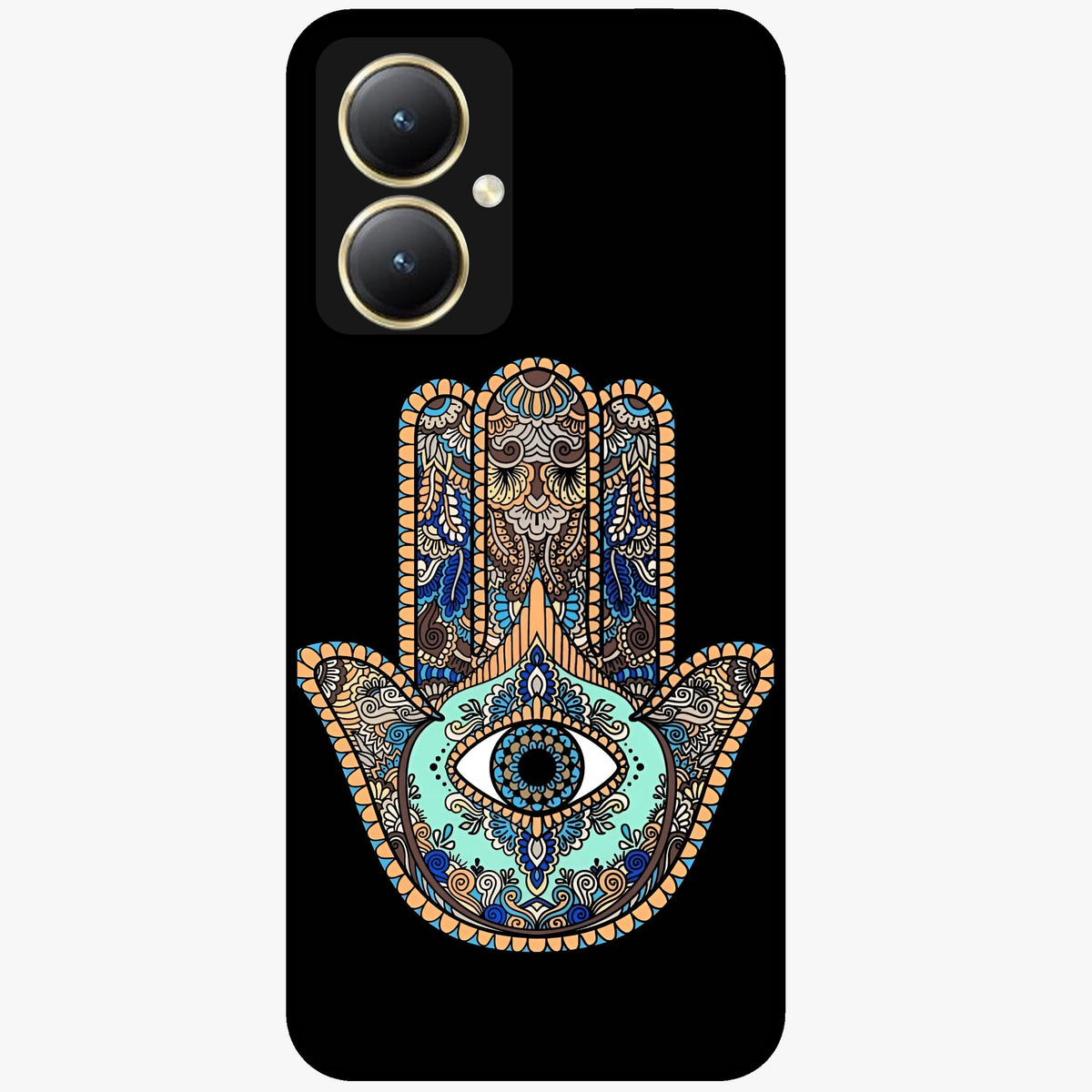 Mystic Hamsa Eye Glass Case showing flat back view with protective hamsa hand and evil eye artwork and glossy glass finish.