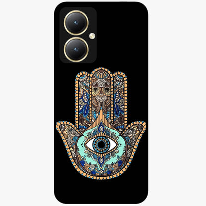Mystic Hamsa Eye Glass Case showing flat back view with protective hamsa hand and evil eye artwork and glossy glass finish.