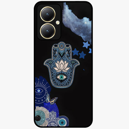 Mystic Hand Aura Glass Case showing flat back view with mystical hand symbol artwork and glossy glass finish.