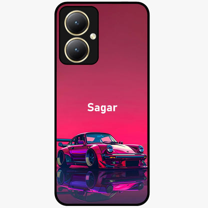 Neon Pink Porsche Glass Case showing flat back view with stylish sports car artwork and glossy glass finish.