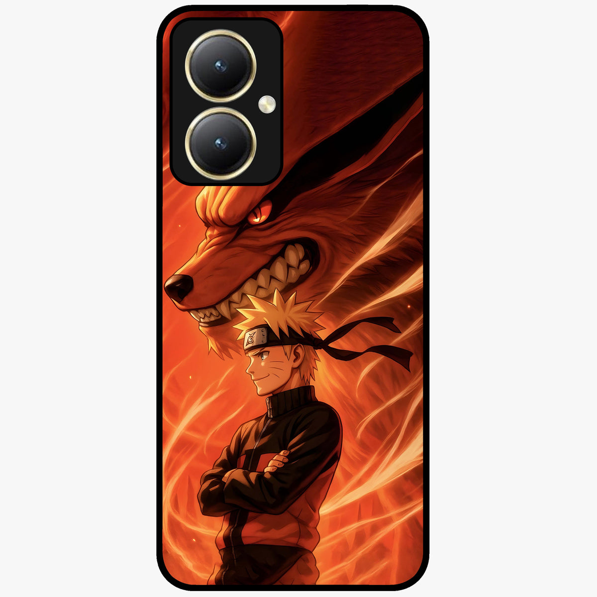 Nine Tails Legacy Glass Case showing flat back view with powerful nine-tailed fox inspired artwork and glossy glass finish.