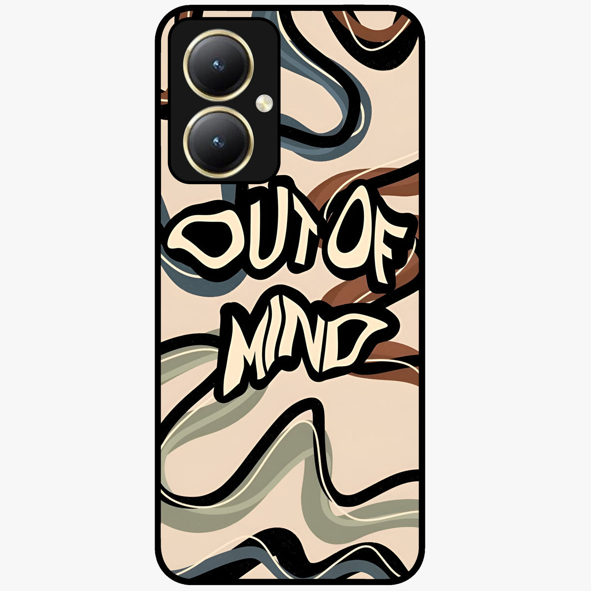 Out Of Mind Glass Case showing flat back view with expressive typography artwork and glossy glass finish.