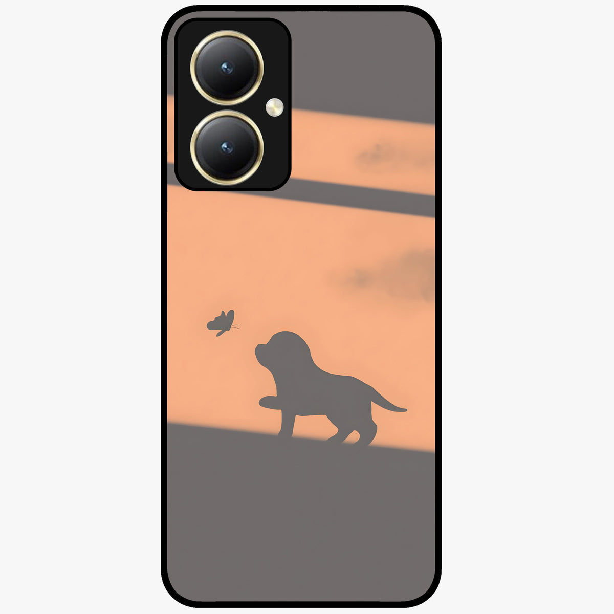 Puppy Shadow Art Glass Case showing flat back view with cute puppy shadow style artwork and glossy glass finish.