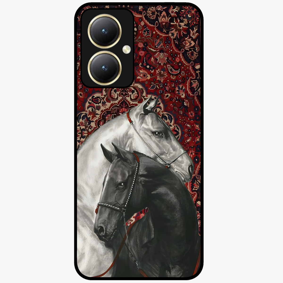 Regal Stallion Tapestry Glass Case showing flat back view with majestic horse tapestry artwork and glossy glass finish.