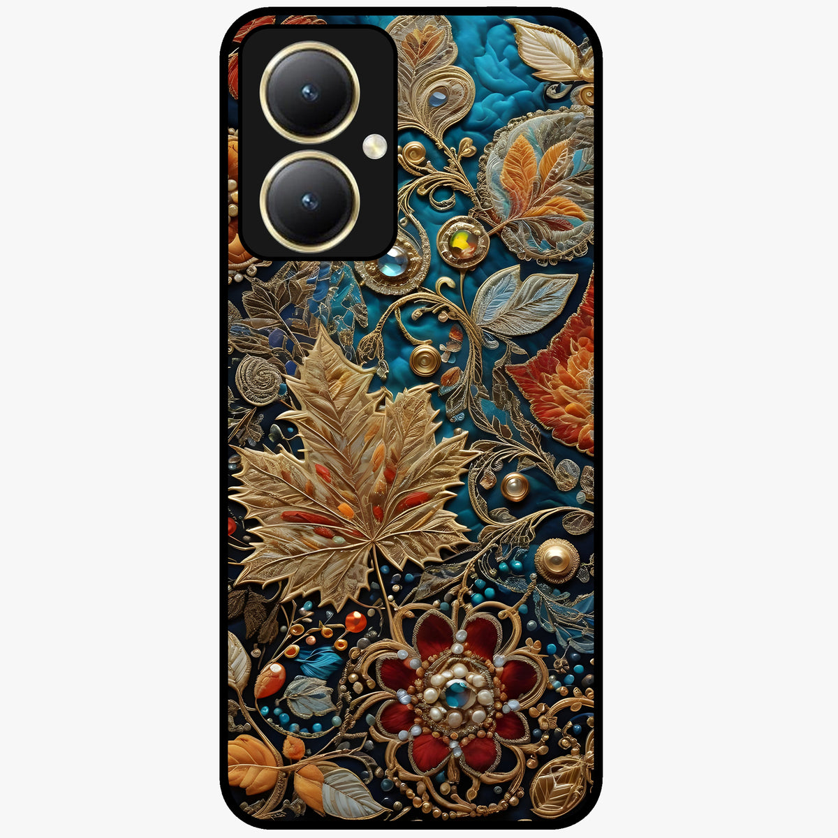 Royal Jewel Garden Glass Case showing flat back view with decorative floral garden artwork and glossy glass finish.