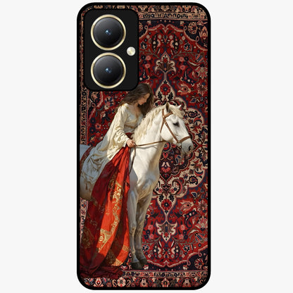 Royal Rider Tapestry Glass Case showing flat back view with majestic horse rider tapestry artwork and glossy glass finish.