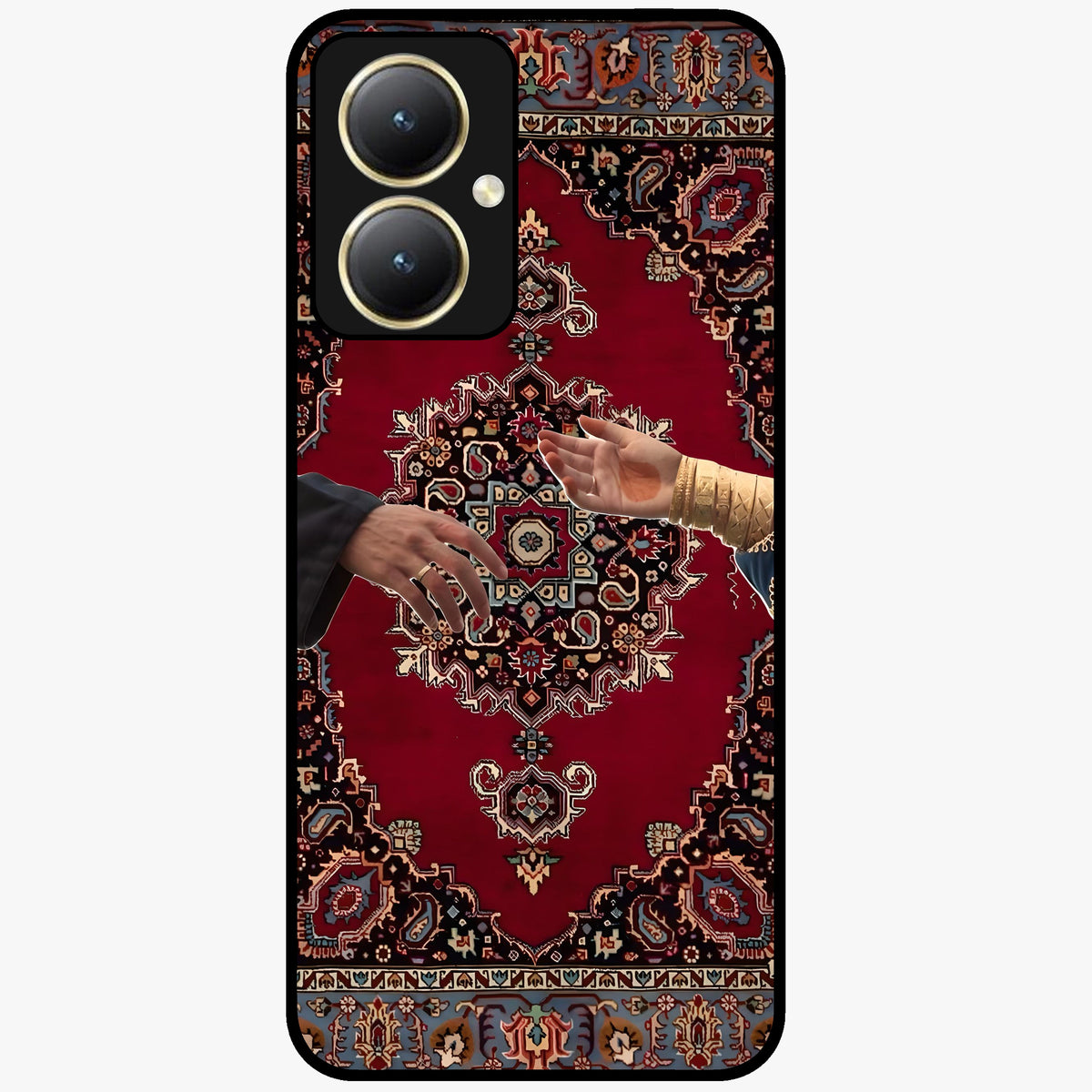 Royal Touch Reach Glass Case showing flat back view with elegant royal themed artwork and glossy glass finish.