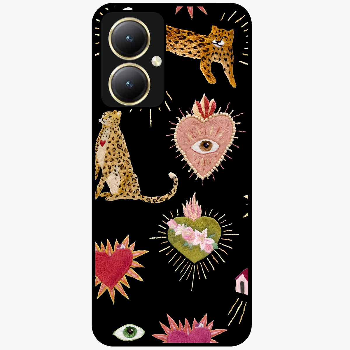 Sacred Jungle Heart Glass Case showing flat back view with jungle inspired heart artwork and glossy glass finish.