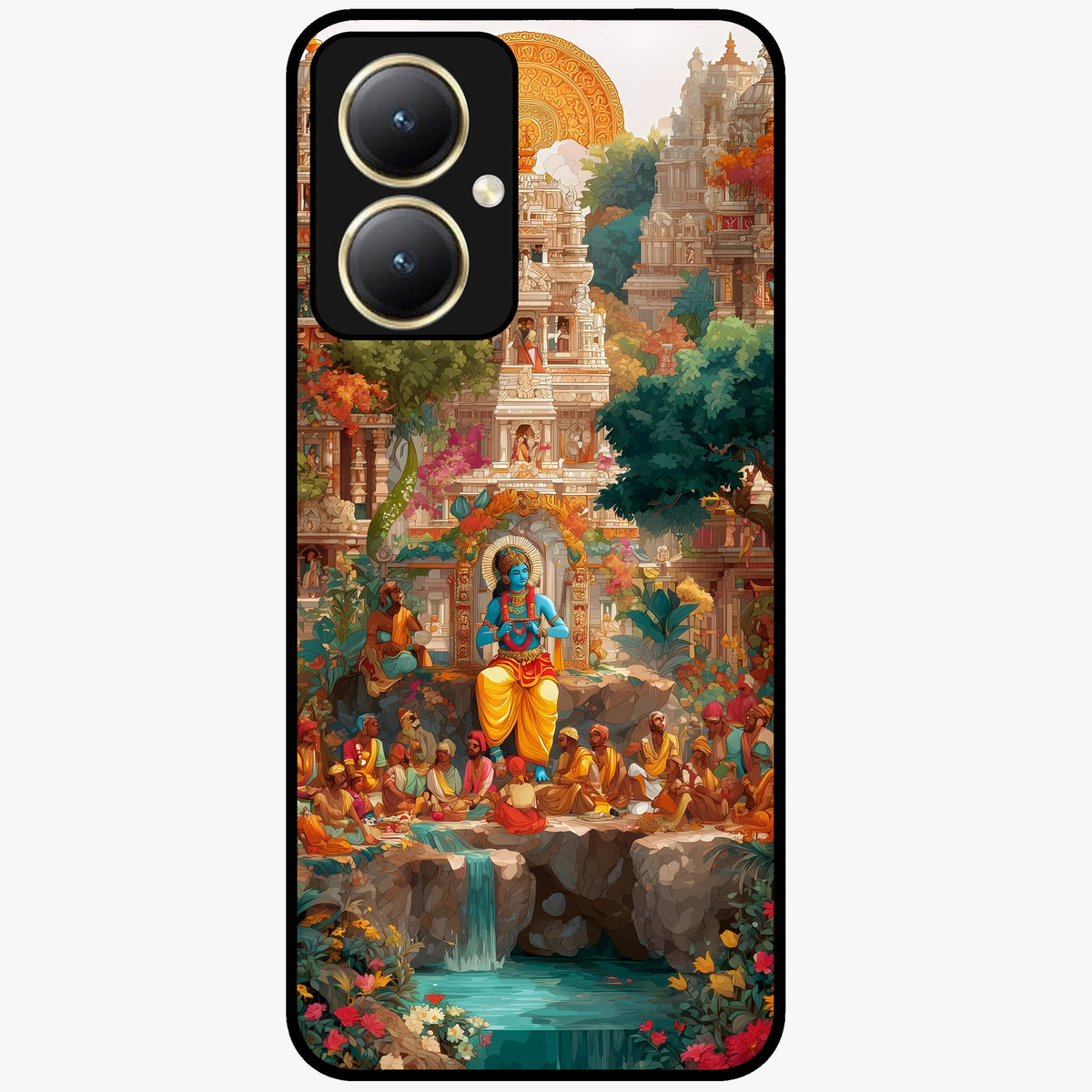 Sacred Sunlight Gods Glass Case showing flat back view with divine sunlight themed artwork and glossy glass finish.