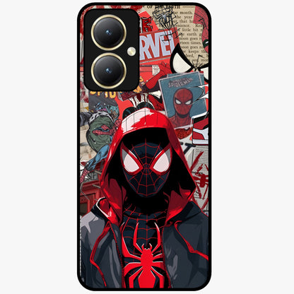 Spider Collage Street Glass Case showing flat back view with vibrant superhero collage artwork and glossy glass finish.