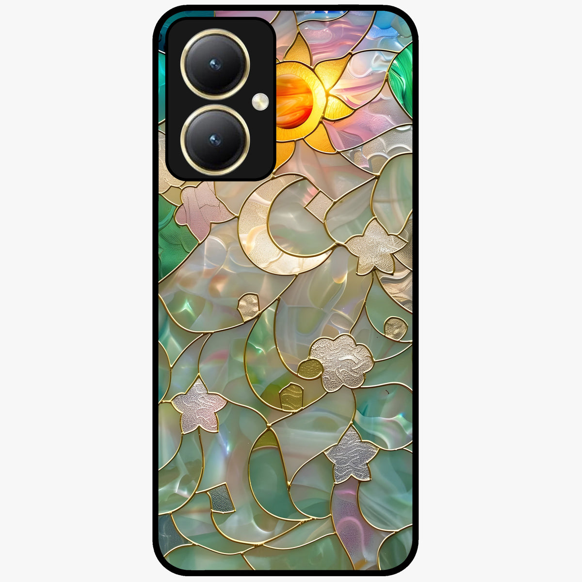 Stained Sunrise Glow Glass Case showing flat back view with glowing sunrise stained pattern artwork and glossy glass finish.