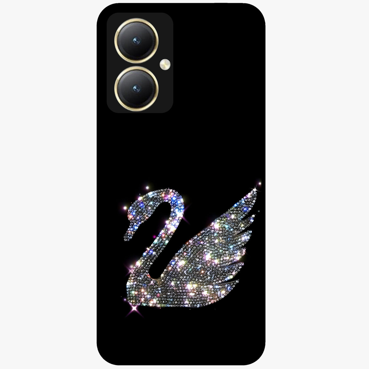 Starlit Swan Grace Glass Case showing flat back view with graceful swan artwork under starry sky and glossy glass finish.