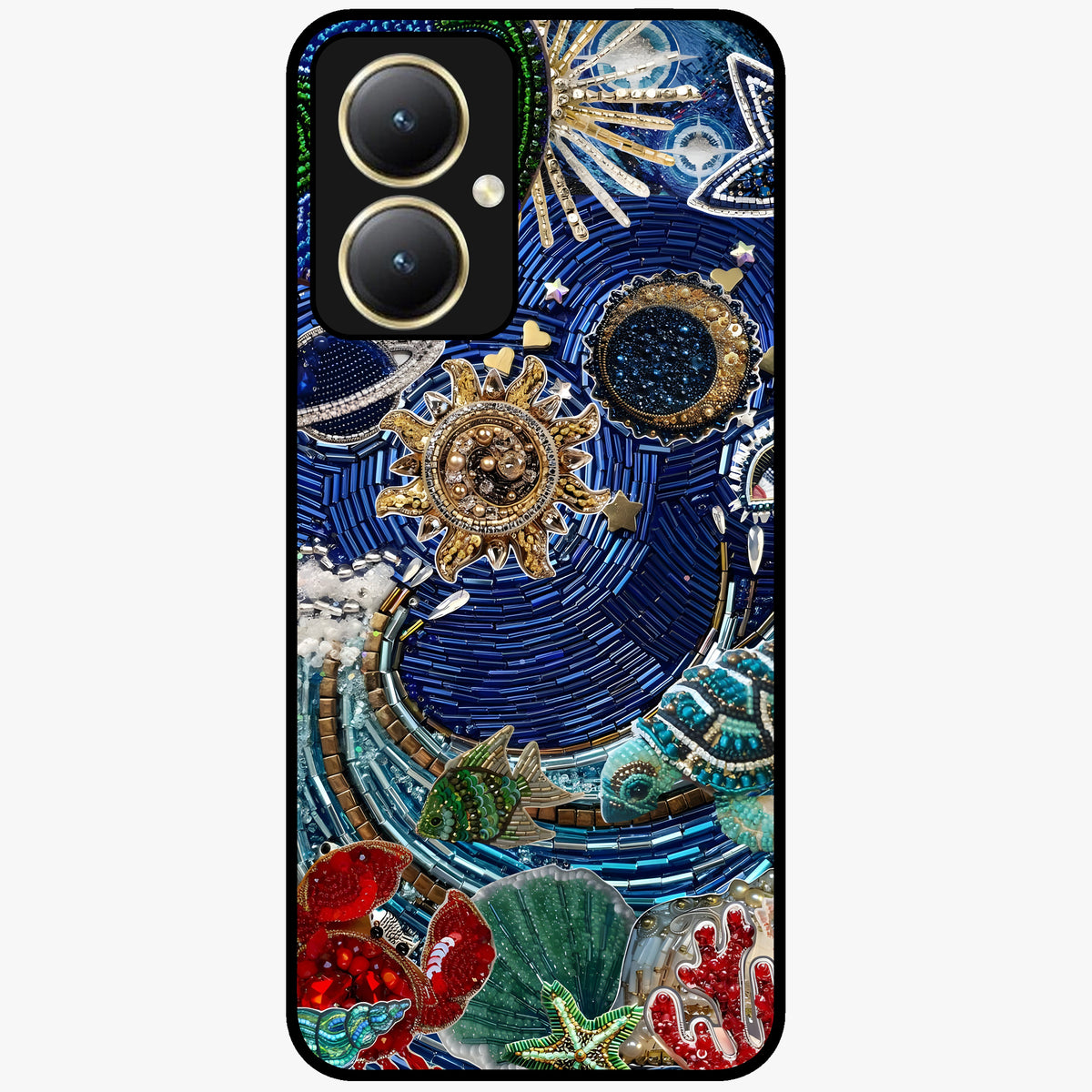 Universe Underwater Spark Glass Case showing flat back view with cosmic underwater themed artwork and glossy glass finish.