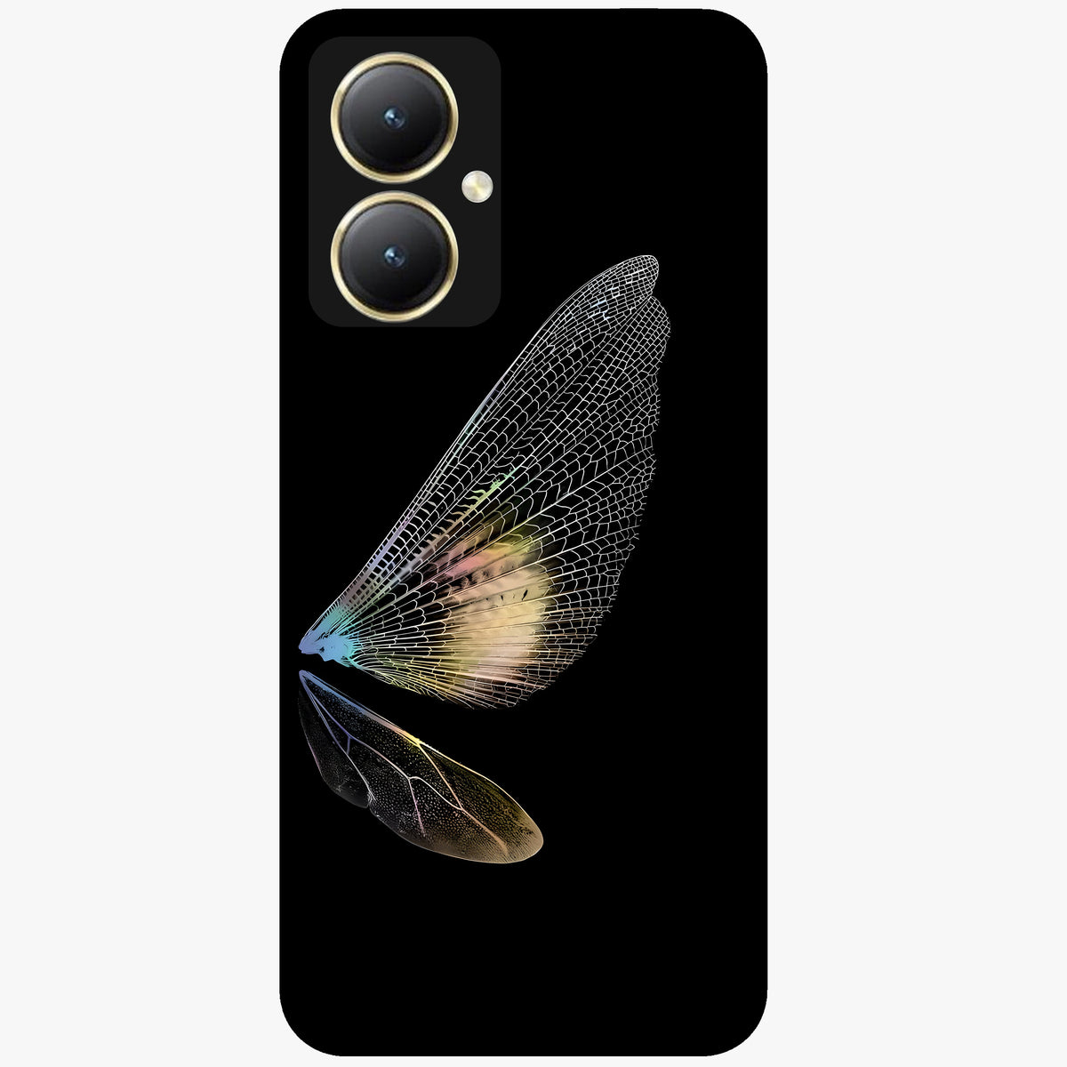 Whispers Of Wings Glass Case showing flat back view with graceful wing inspired artwork and glossy glass finish.