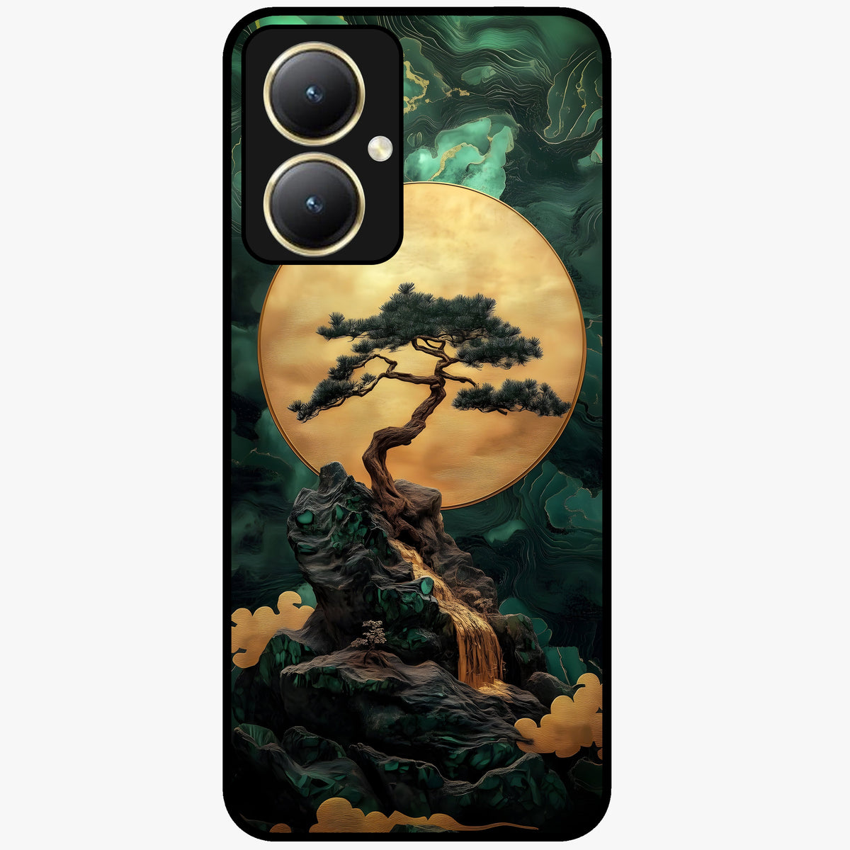 Zen Moon Rise Glass Case showing flat back view with calm moonrise artwork and glossy glass finish.