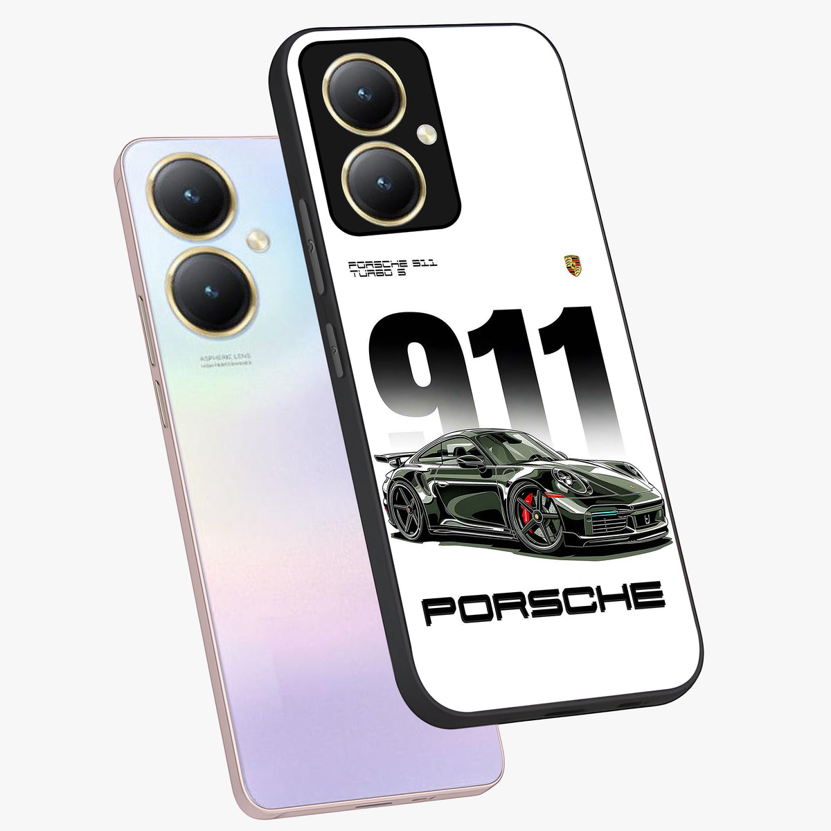 911 Turbo Dominance Glass Case displayed in premium angled mockup highlighting sporty car illustration and sleek glass surface.