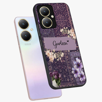 Antique Floral Whisper Custom Name Glass Case displayed in angled mockup highlighting elegant antique floral aesthetic.