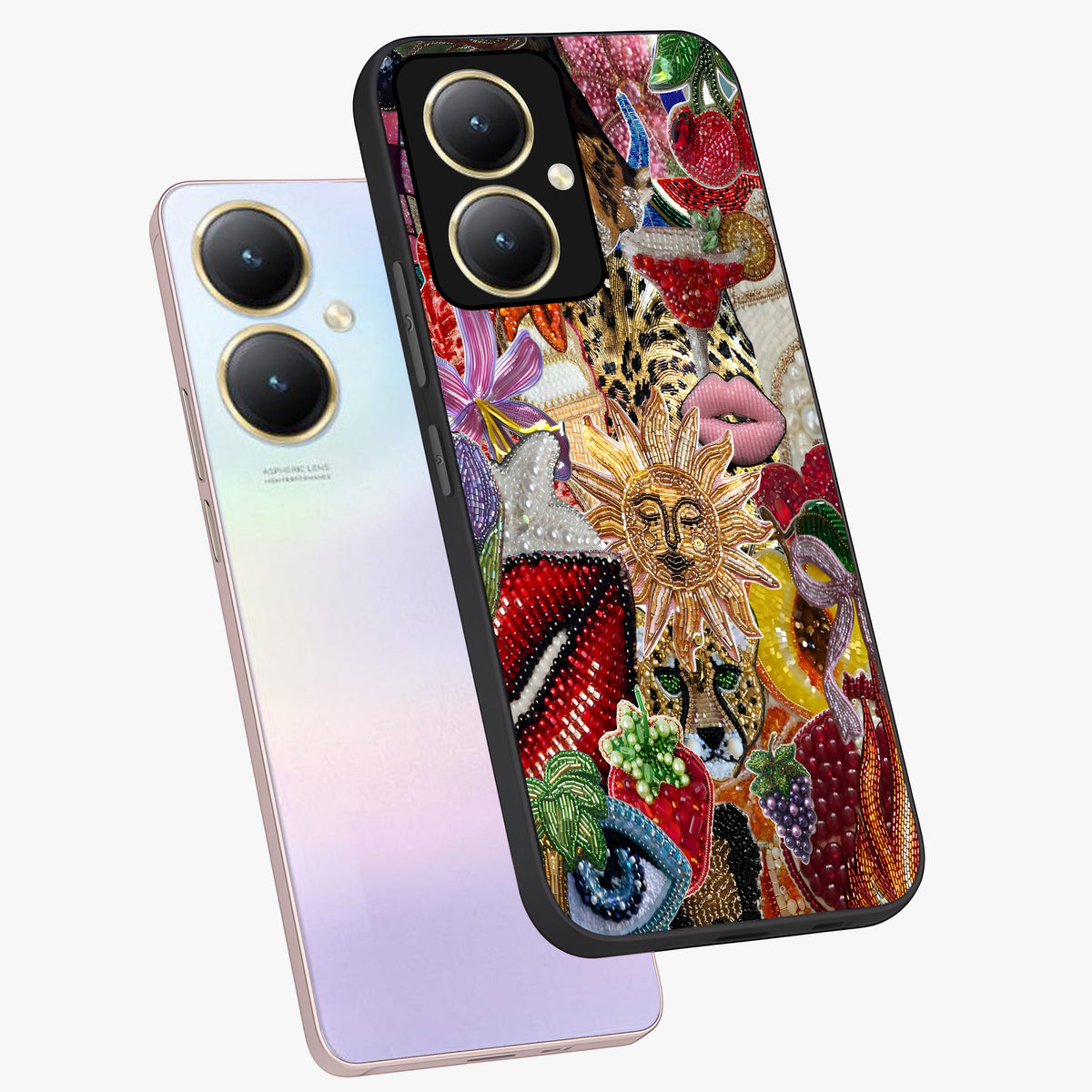 Beaded Fashion Jungle Glass Case displayed in angled mockup highlighting colorful fashion bead design and artistic pattern.