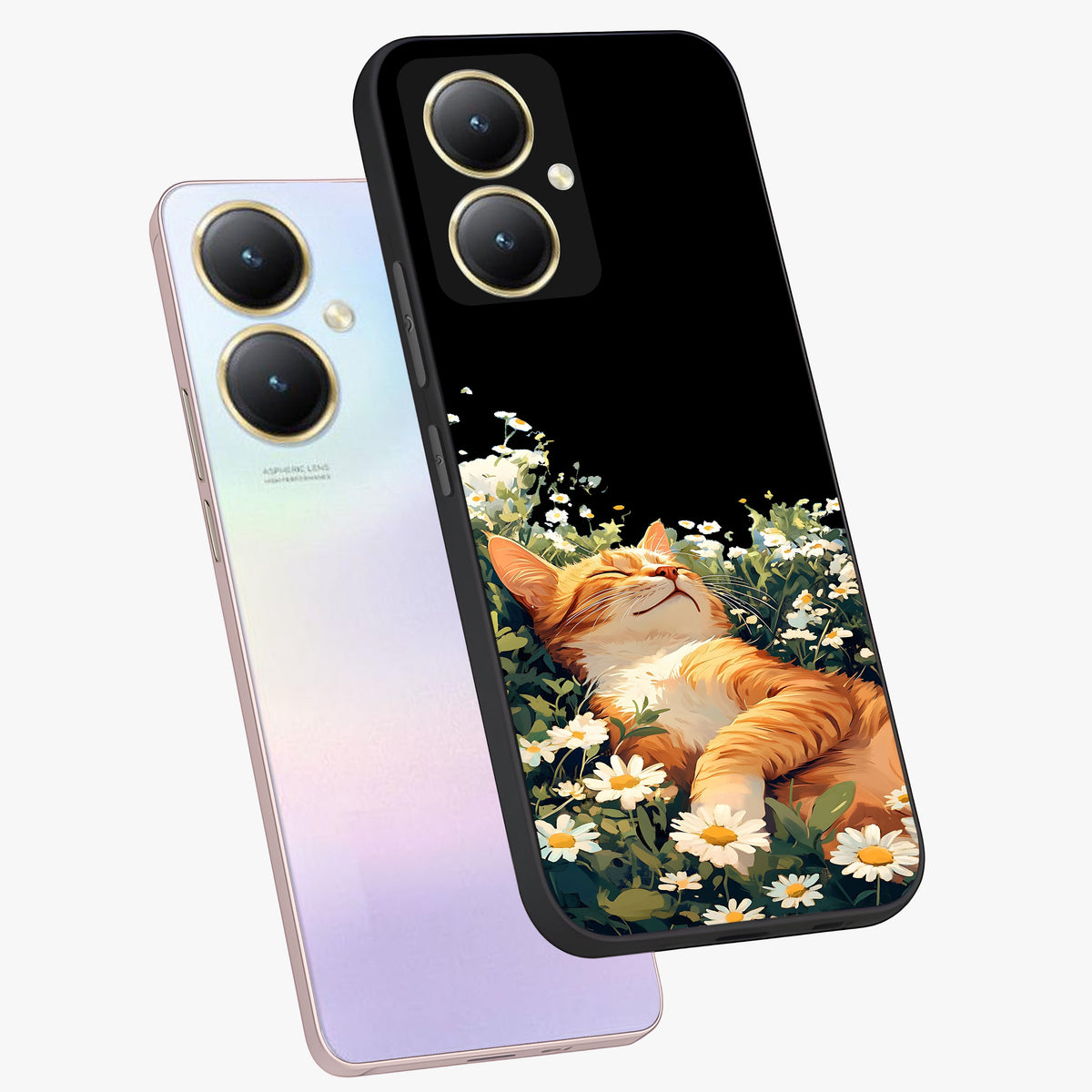 Blissful Bloom Cat Glass Case displayed in angled mockup highlighting playful feline illustration with soft floral aesthetic.