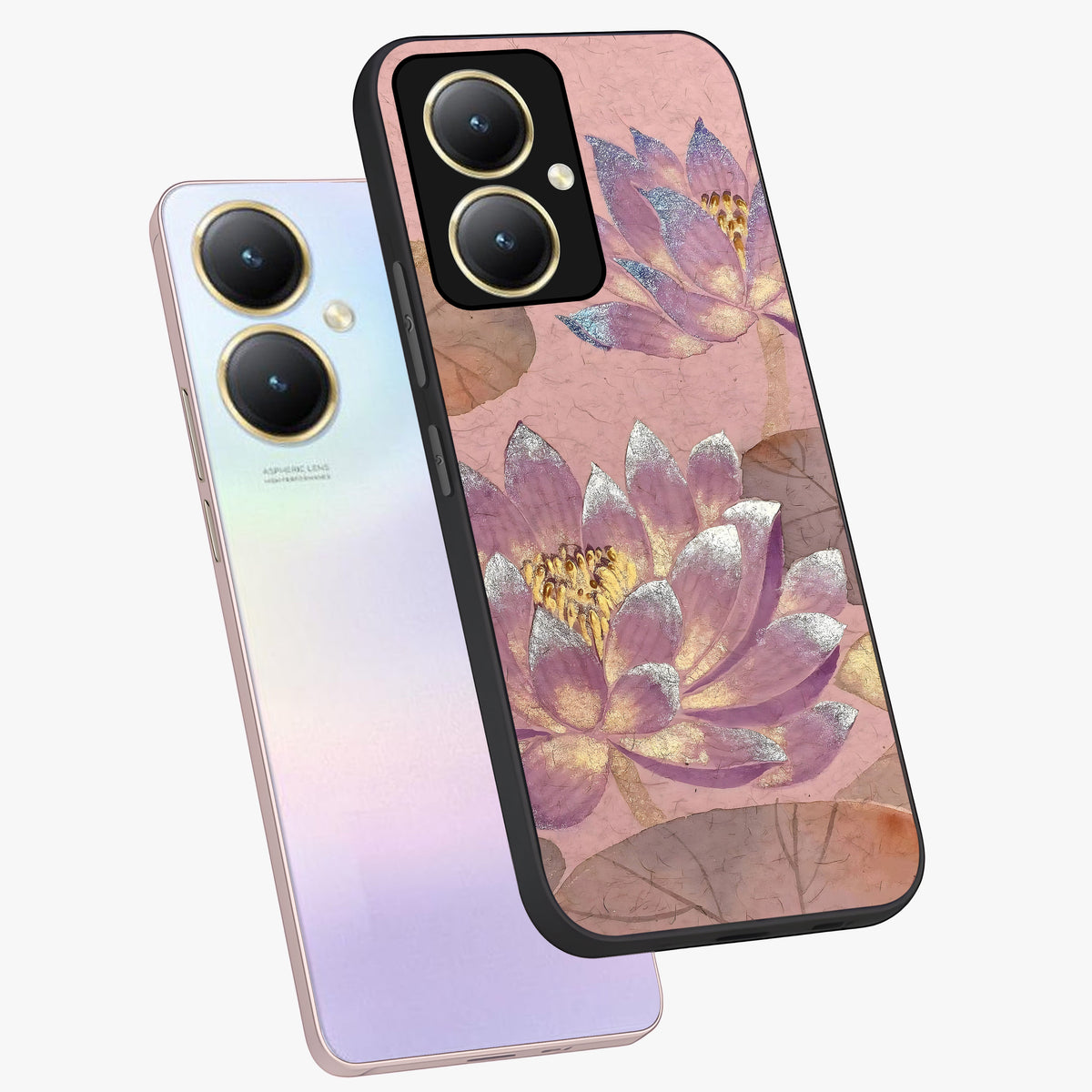 Blossom Mist Lotus Glass Case displayed in angled mockup highlighting delicate lotus illustration with calm aesthetic theme.