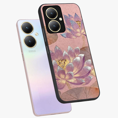 Blossom Mist Lotus Glass Case displayed in angled mockup highlighting delicate lotus illustration with calm aesthetic theme.