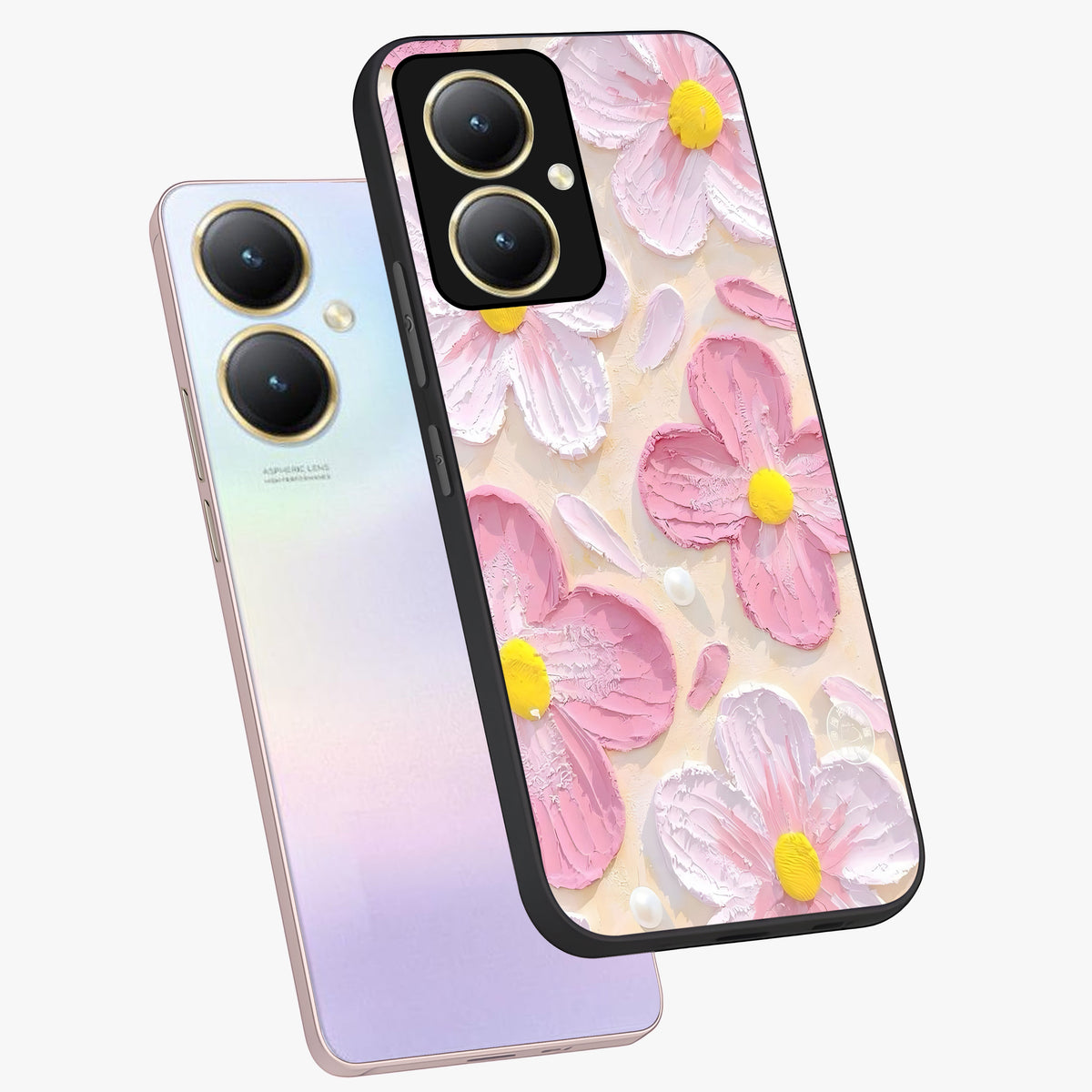Blush Bloom Texture Glass Case displayed in angled mockup highlighting subtle bloom pattern with aesthetic pastel design.