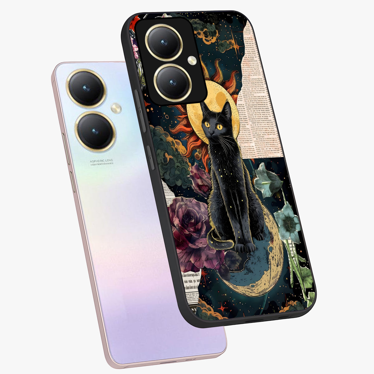 Celestial Black Cat Glass Case displayed in angled mockup highlighting cosmic black cat design with celestial aesthetic.