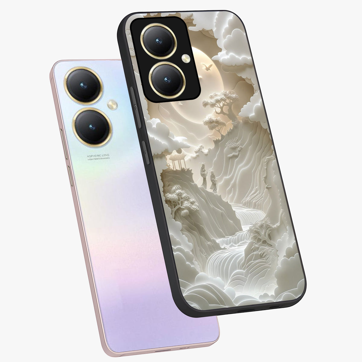 Celestial Origami Glass Case displayed in angled mockup highlighting geometric origami design with cosmic aesthetic theme.