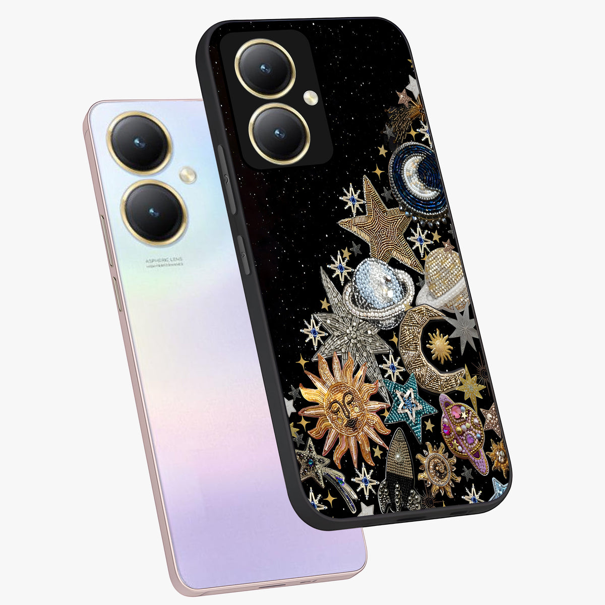 Cosmic Sparkle Dreams Glass Case displayed in angled mockup highlighting dreamy star sparkle design with celestial aesthetic.