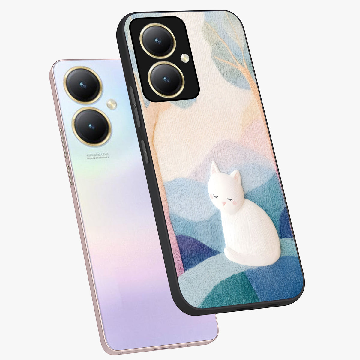 Cotton Dream Cat Glass Case displayed in angled mockup highlighting cute feline illustration with pastel aesthetic style.