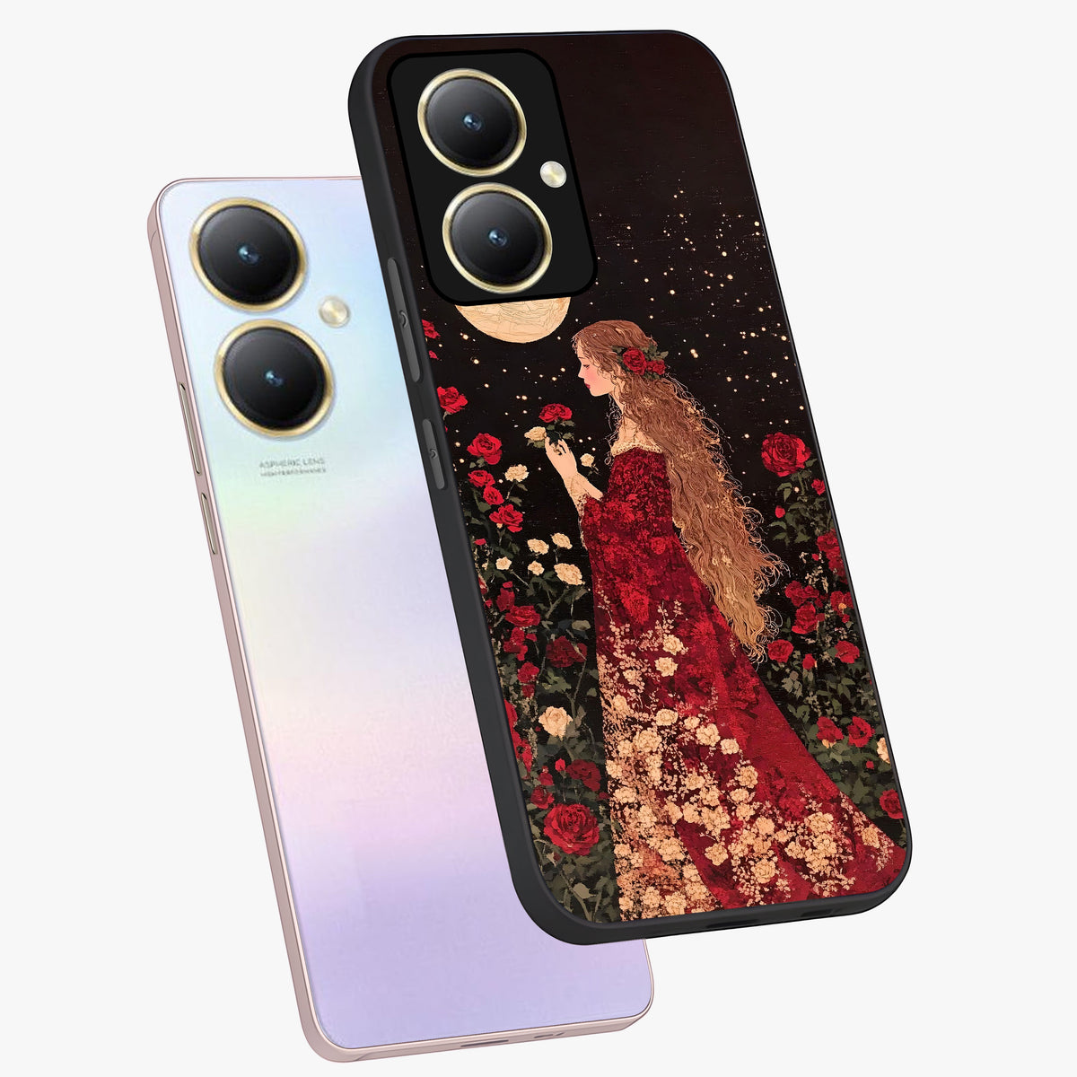 Crimson Dreams Glass Case displayed in angled mockup highlighting soft crimson aesthetic design with artistic theme.