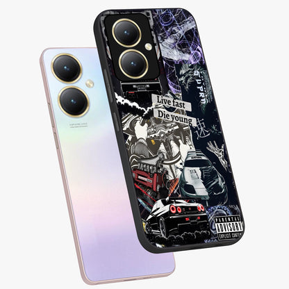 Die Young Glass Case displayed in angled mockup highlighting expressive graphic artwork with edgy aesthetic style.