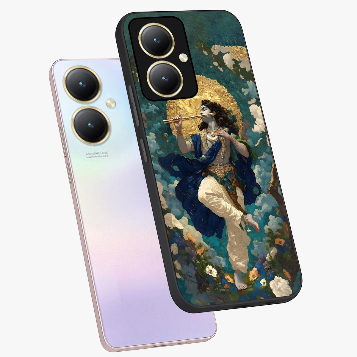 Divine Krishna Art Glass Case displayed in angled mockup highlighting spiritual Krishna illustration with devotional aesthetic.