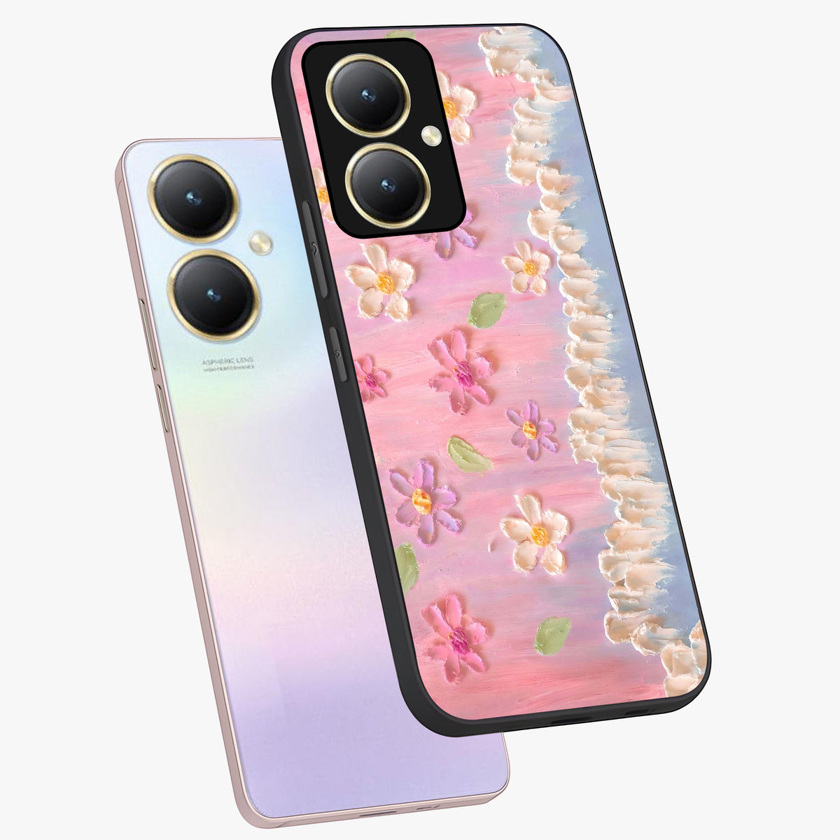 Dreamy Painted Garden Glass Case displayed in angled mockup highlighting colorful garden illustration with dreamy aesthetic style.
